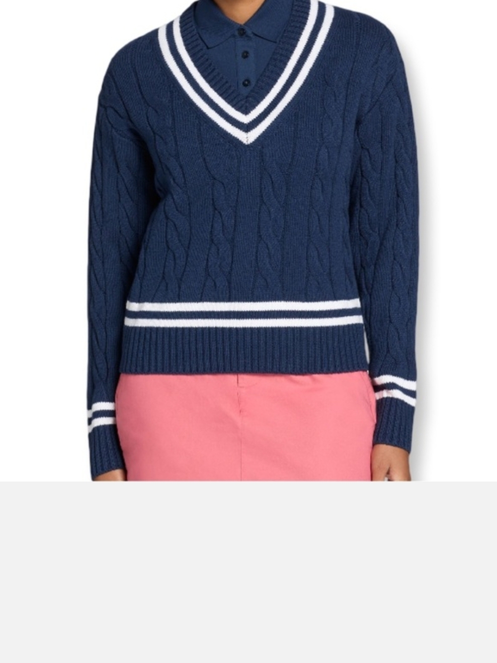Walter Hagen Clubhouse Womans Navy V-Neck Cable Knit Sweater with White Size 2X